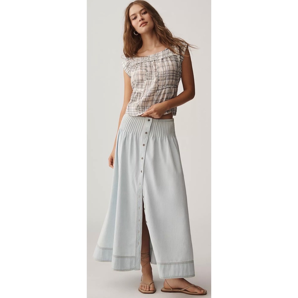 Pilcro Pintuck Basque-Waist Denim Maxi Skirt Light Wash Blue Cotton Large